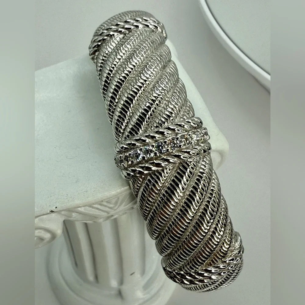 Vintage Judith Ripka Sterling Silver Cuff Bracelet with White Crystals 6.5”